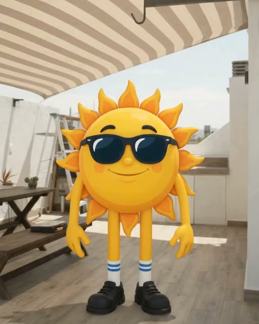 La mascota de Cover Sun bajo un toldo en una terraza
