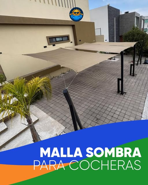 Malla sombra color arena instalada sobre una cochera